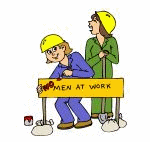 drawing of women in hard hats changing 
		Men at Work sign to Women at Work